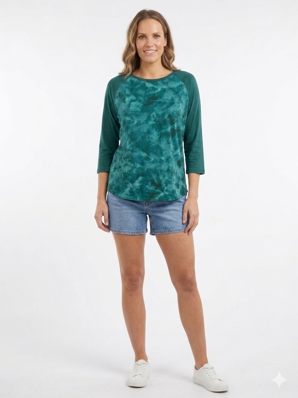 Women’s Green Tie-Dye Raglan 3/4 Sleeve Top Up To Size 3XL